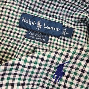 Ralph Lauren Men L Green Black Gingham Check Custom Fit Long Sleeve Button Shirt